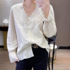 V-neck Lace Embroidered Long-sleeve Shirt Almond - One Size