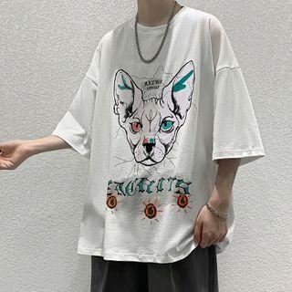 Dog Print Elbow-sleeve Oversize Tee