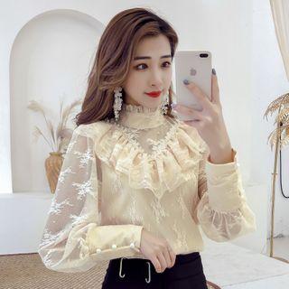 Mock-turtleneck Ruffled Embroidered Blouse