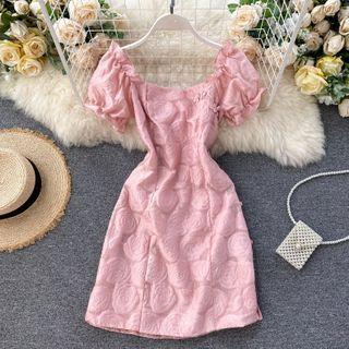 Square-neck Puff-sleeve Print Dress