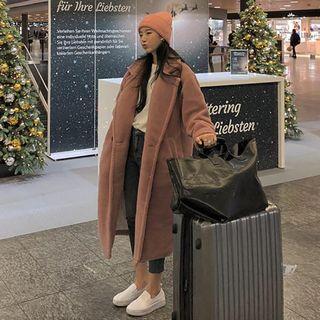 Buttoned Long-sleeve Faux Shearling Trench Coat
