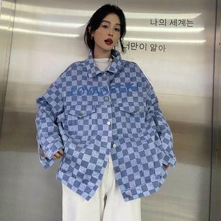 Checkered Lettering Denim Jacket