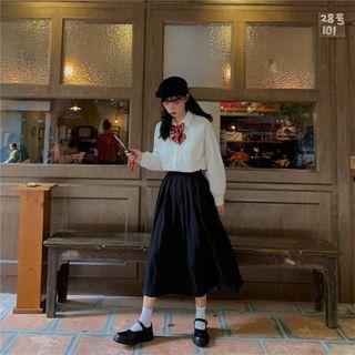 Long-sleeve Shirt With Bowtie / Pleated Midi A-line Skirt