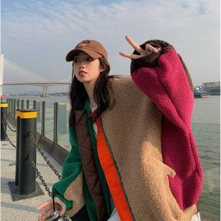 Color Block Fleece Zip Jacket Green & Brown - One Size