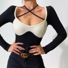 Long Sleeve Color-block Cross-strap Crop Top