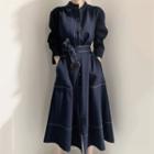 Long-sleeve Contrast Stitching A-line Dress