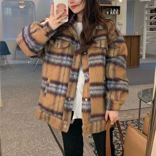 Long-sleeve Plaid Loose-fit Shirt Jacket Khaki - One Size