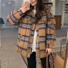 Long-sleeve Plaid Loose-fit Shirt Jacket Khaki - One Size