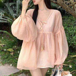 Set: Balloon-sleeve V-neck Blouse + Camisole Top Set Of 2 - Blouse & Camisole Top - Pink - One Size
