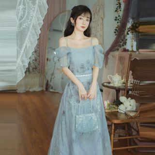 Detachable Sleeve Flower Embroidered Midi A-line Dress / Plain Cardigan / Set