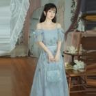 Detachable Sleeve Flower Embroidered Midi A-line Dress / Plain Cardigan / Set