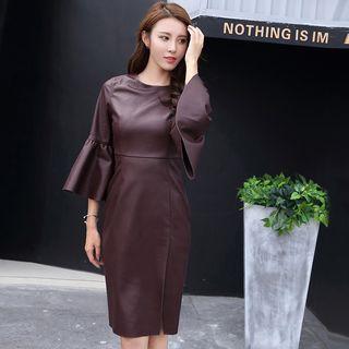 Bell-sleeve Faux Leather Sheath Dress
