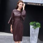 Bell-sleeve Faux Leather Sheath Dress