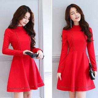 Mock Neck Lace Trim A-line Dress