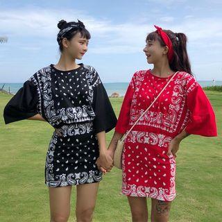 Patterned Elbow-sleeve T-shirt Dress