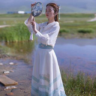 Flower Embroidered Blouse / Midi A-line Skirt