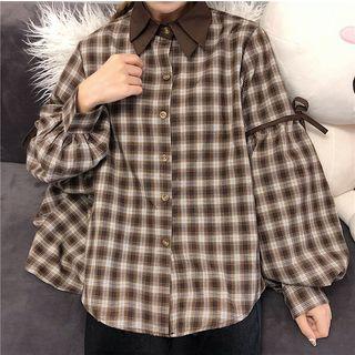 Puff Sleeve Layered Collar Plaid Blouse