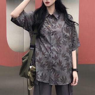 Short-sleeve Leaf Print Shirt Gray - One Size