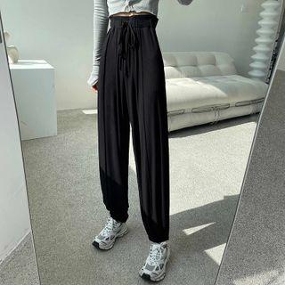 Plain High-waist Gathered Cuff Pants