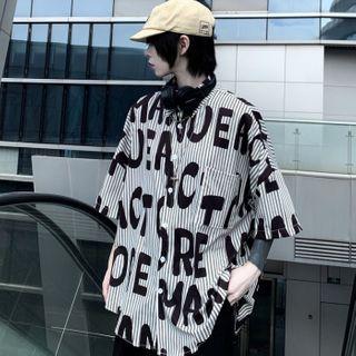 Elbow-sleeve Striped Lettering Shirt