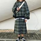 Set: Balloon-sleeve Plaid Pullover + A-line Midi Skirt As Shown In Figure - One Size