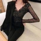 Mesh Lace Long-sleeve Top Black - One Size