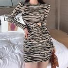 Long-sleeve Cutout Zebra Print Mini Bodycon Dress