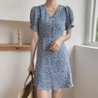 Floral V-neck Puff-sleeve Mini A-line Dress Blue - One Size