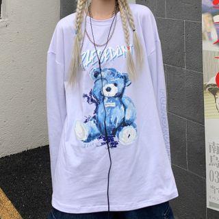 Lettering Bear Long-sleeve Round Neck T-shirt