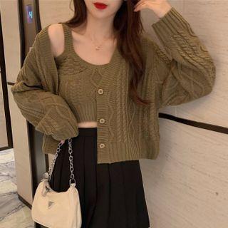 V-neck Cable Knit Suspender Top / Long-sleeve Oversize Cardigan