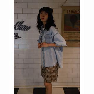 Pocket Detail Elbow-sleeve Denim Shirt Light Blue - One Size