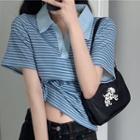 Short-sleeve Striped Crop Polo Shirt Blue - One Size