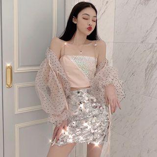 Sequined Cropped Camisole Top / Dotted Lace Up Light Jacket