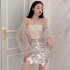 Sequined Cropped Camisole Top / Dotted Lace Up Light Jacket