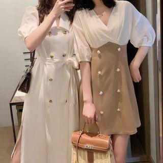 Puff-sleeve Double Breasted A-line Midi Dress / Paneled A-line Mini Dress