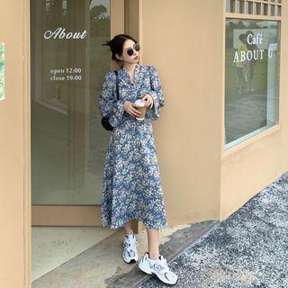Long-sleeve Tie Neck Floral Loose Fit Dress