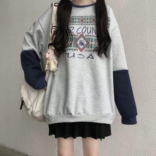 Panel Sleeve Patterned Round Neck Pullover