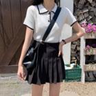 Polo Short Sleeve Knit Top / High-waist Accordion Pleat Skirt