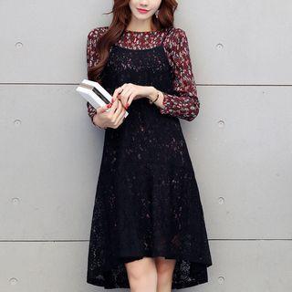 Set: Long-sleeve Floral Top + Spaghetti Strap Dress