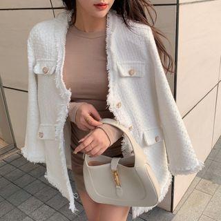 Fray Hem Single-breasted Jacket / Long-sleeve Mini Sheath Dress