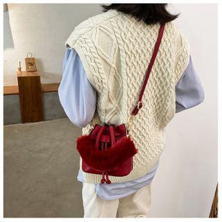 Fluffy Top Handle Drawstring Bucket Bag