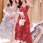 Set: Bell-sleeve Mesh Top + Spaghetti-strap Layered Midi Lace Dress