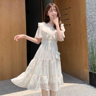 Dotted Lace Trim Short-sleeve Midi A-line Dress