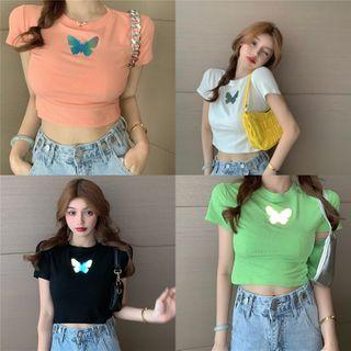 Butterfly Short-sleeve Slim-fit Cropped T-shirt