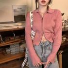 Long-sleeve Zip Knit Top Pink - One Size
