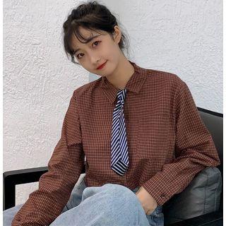 Plaid Long-sleeve Crop Shirt With Tie