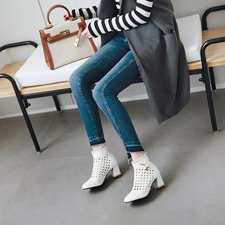 Perforated Faux Leather Mesh Trim Block Heel Ankle Boots