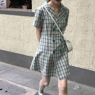 Plaid Short-sleeve Double-breasted Shirtdress