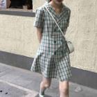 Plaid Short-sleeve Double-breasted Shirtdress