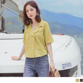 Double-buttoned Lapel-collar Short-sleeve Blouse